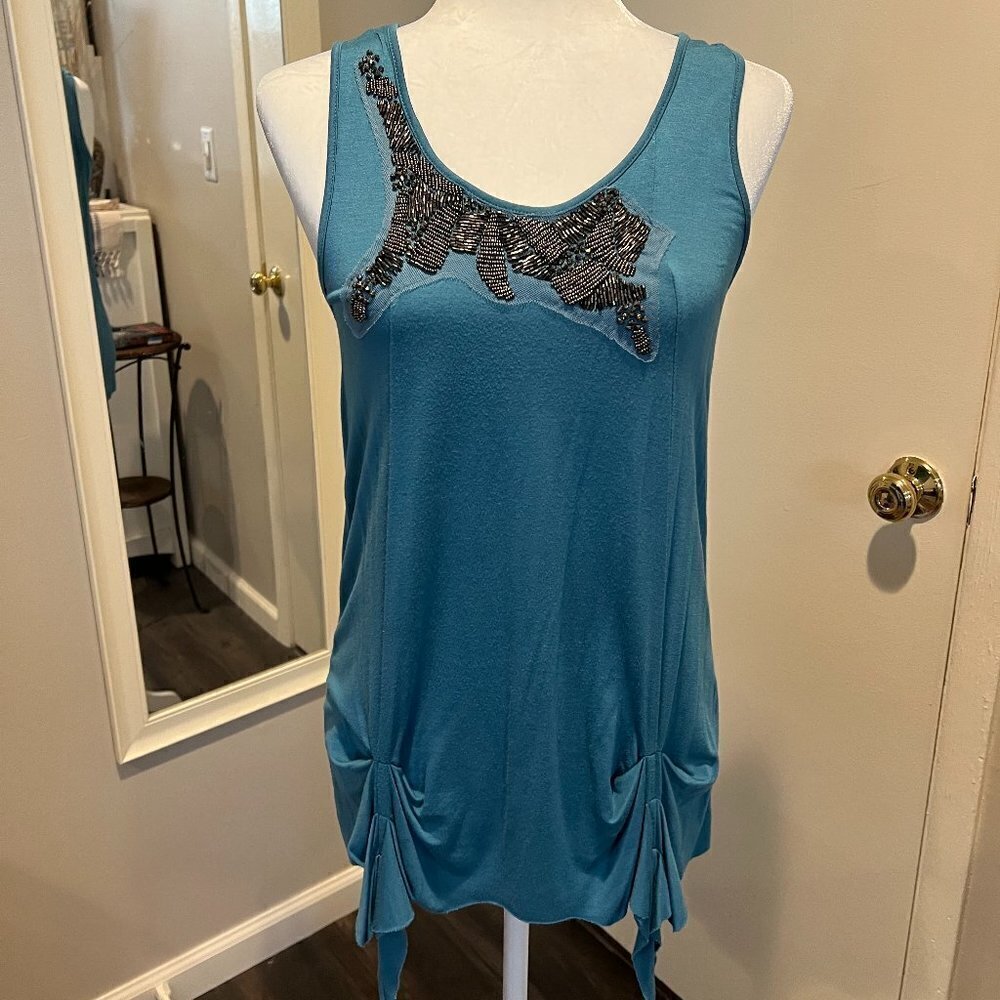 Kenar Blue sleeveless racerback tank with beadwork and detailed bottom, Size S